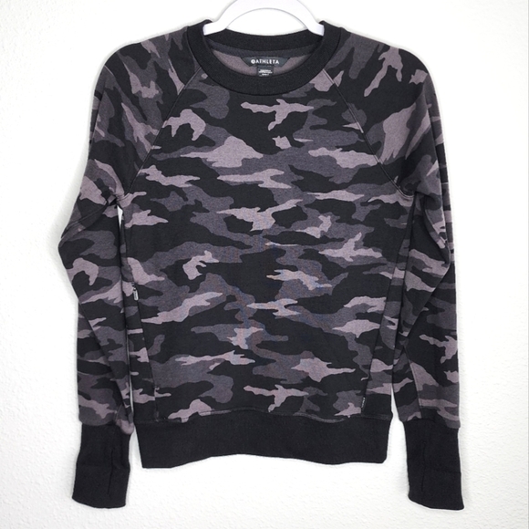 Athleta Triumph Camo Crewneck Sweatshirt Thumb Holes Black Gray XXS - Picture 1 of 12